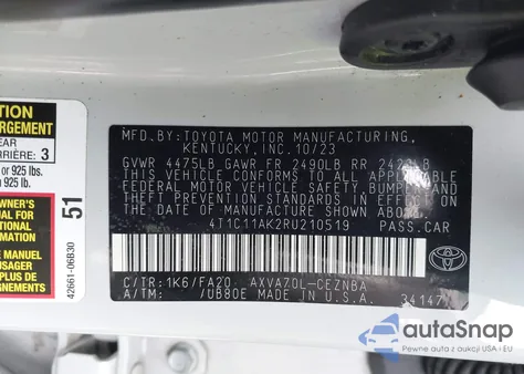 2024 Toyota Camry Le из США, поврежденный, VIN 4T1C11AK2RU210519